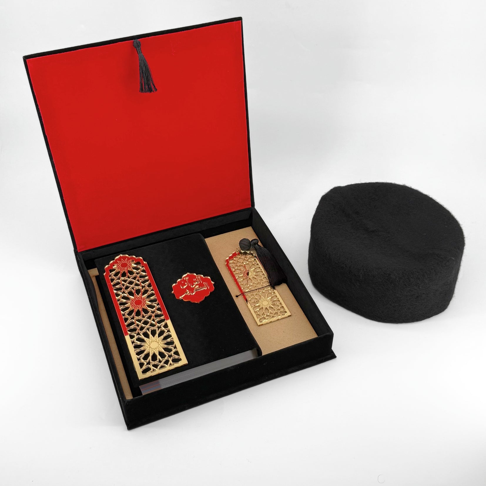 Islamic Quran Gift Box with Velvet Cover, Amber Bookmark & Traditional Chechia