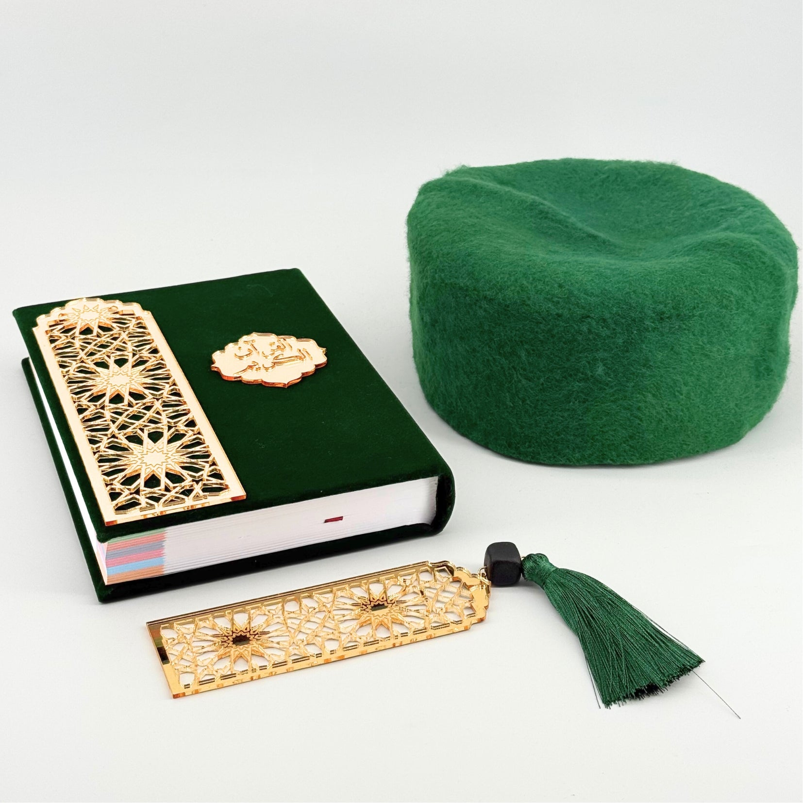 Islamic Quran Gift Box with Velvet Cover, Amber Bookmark & Traditional Chechia