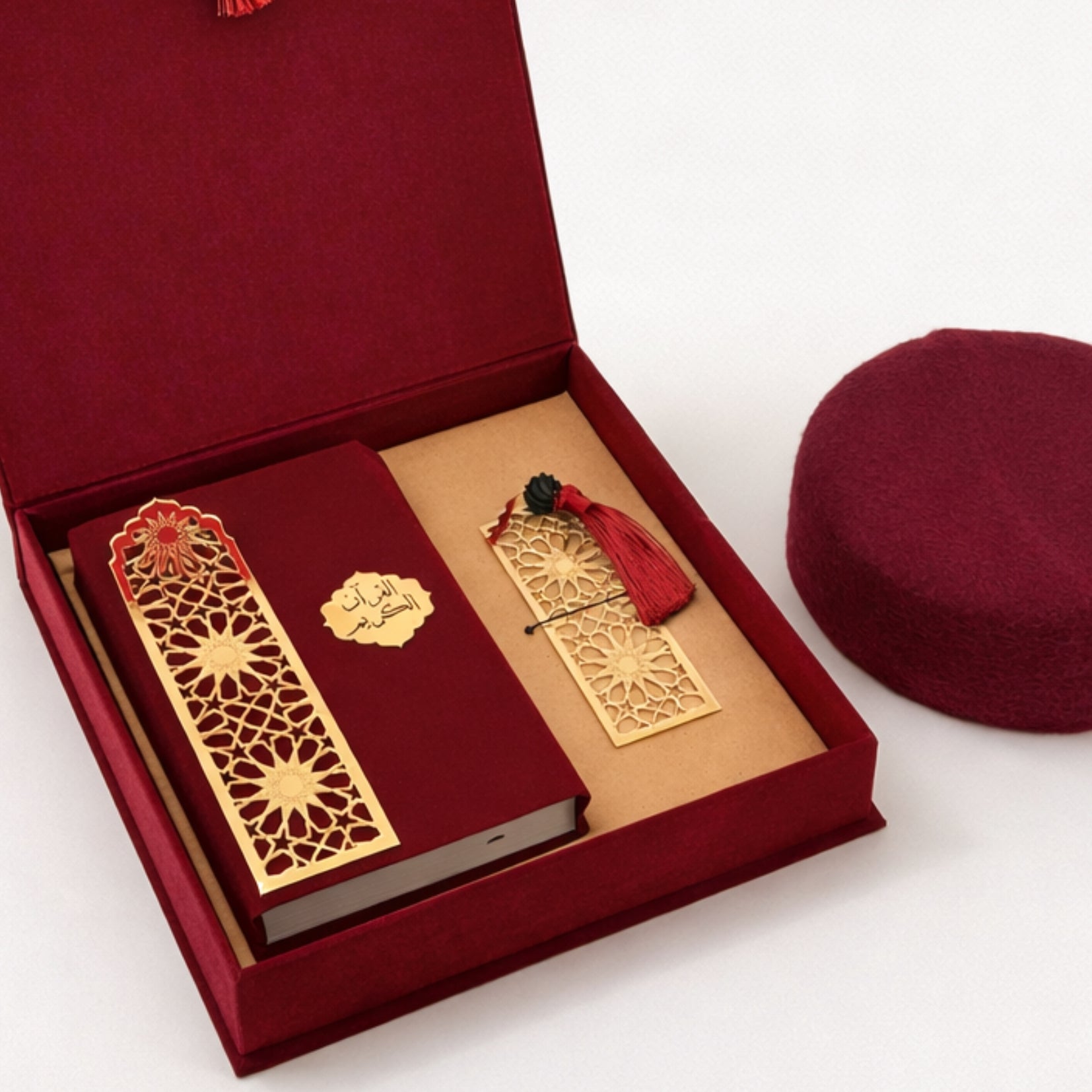 Islamic Quran Gift Box with Velvet Cover, Amber Bookmark & Traditional Chechia
