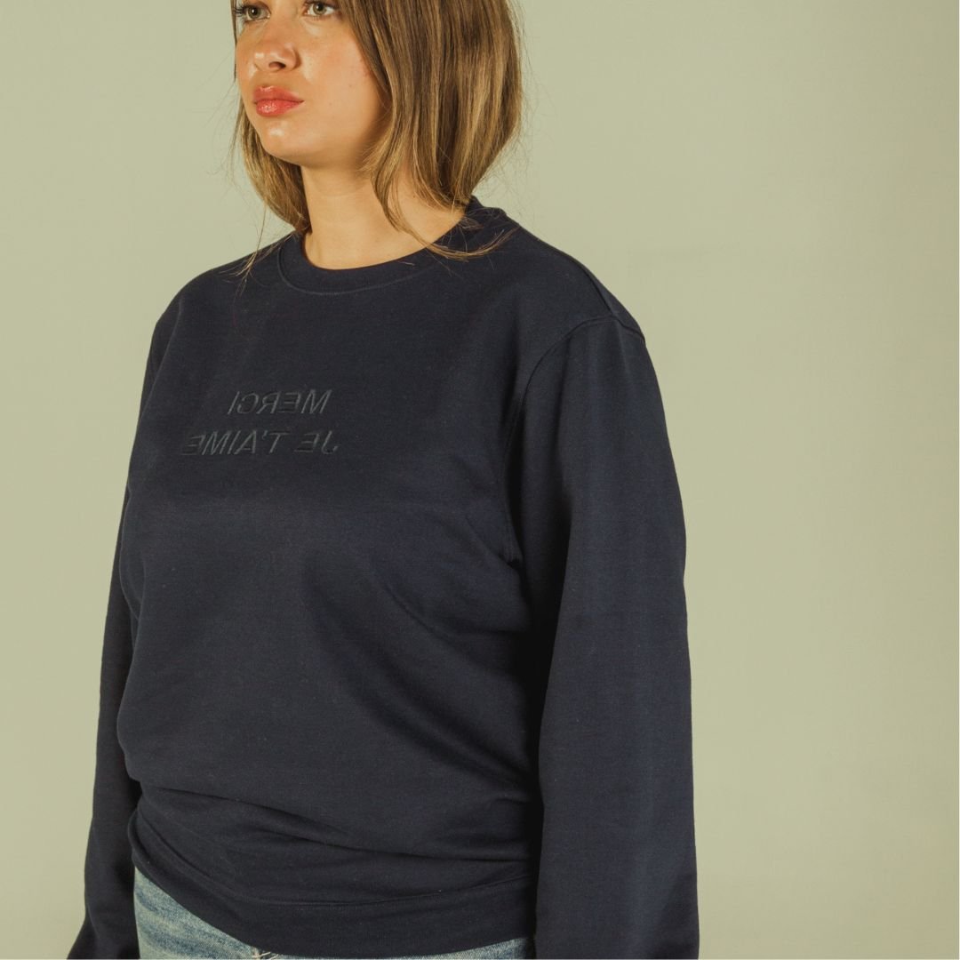 sweatshirt "merci je t'aime" bleu marine profil