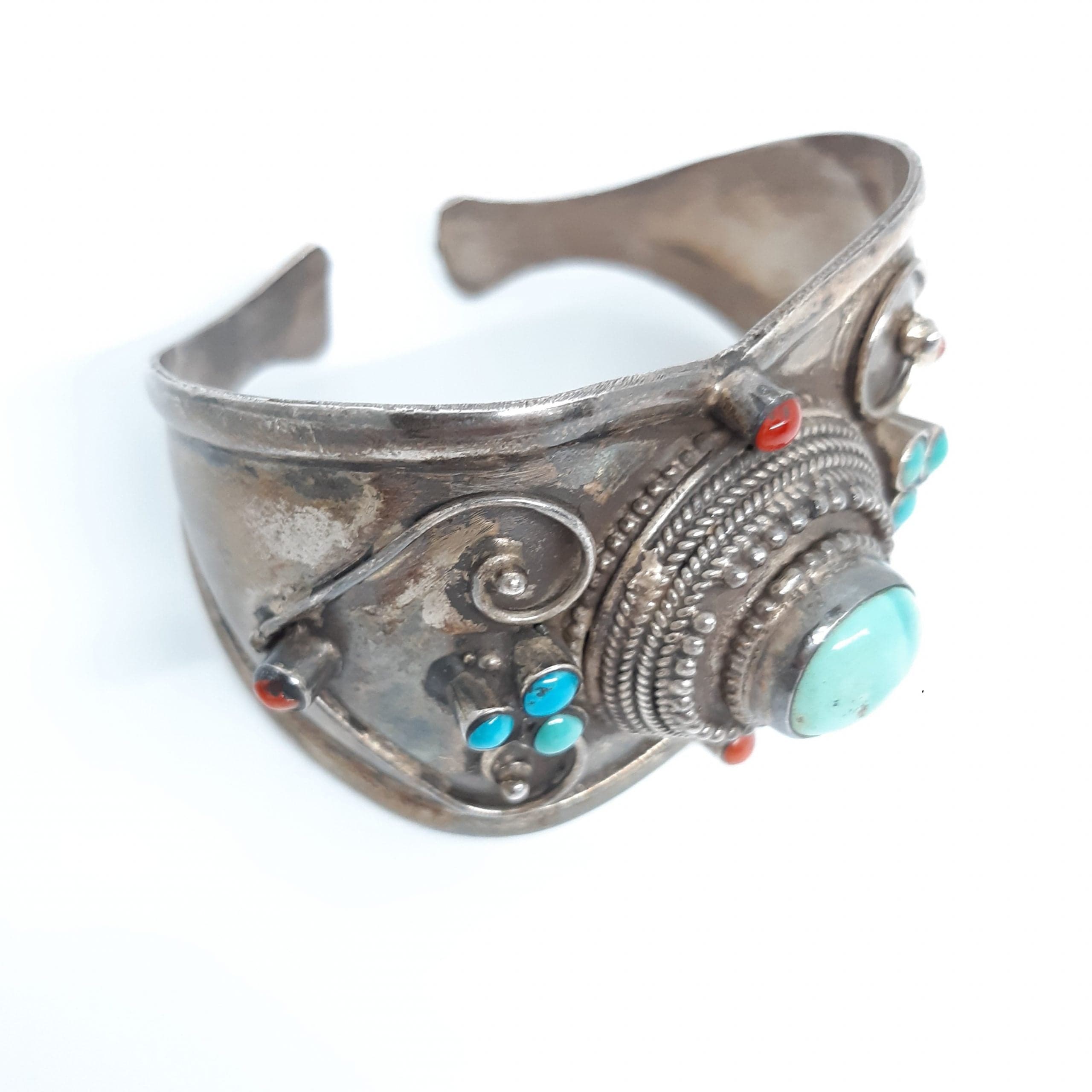 Turquoise and Coral Silver Bracelet, silver and natural stones bracelet for women