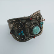 Turquoise and Coral Silver Bracelet, silver and natural stones bracelet for women