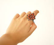 Bague argent et corail rouge pour femme en corail naturel