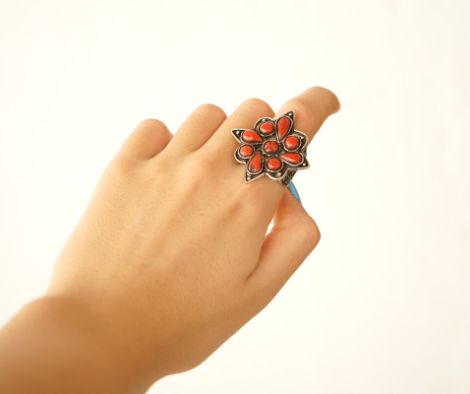 Bague argent et corail rouge pour femme en corail naturel