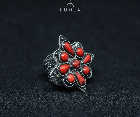 Silver and red coral ring for woman in natural coral