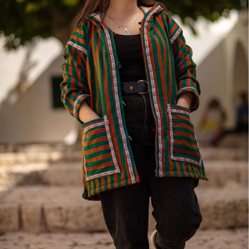 Unisex Berber coat, barnous, green and red wool stripes