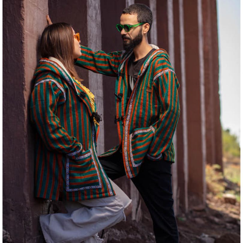 Unisex Berber coat, barnous, green and red wool stripes