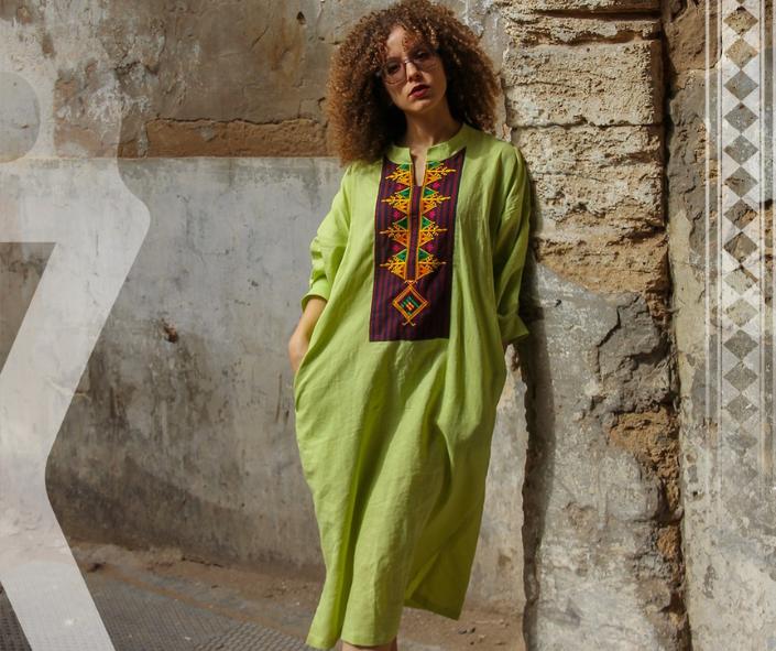 Women's traditional pistachio green jebba dress with Berber motifs