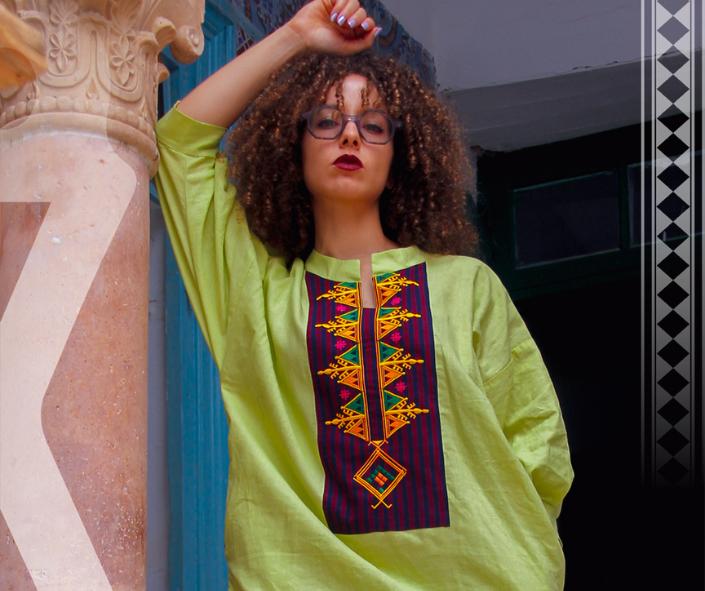 Women's traditional pistachio green jebba dress with Berber motifs