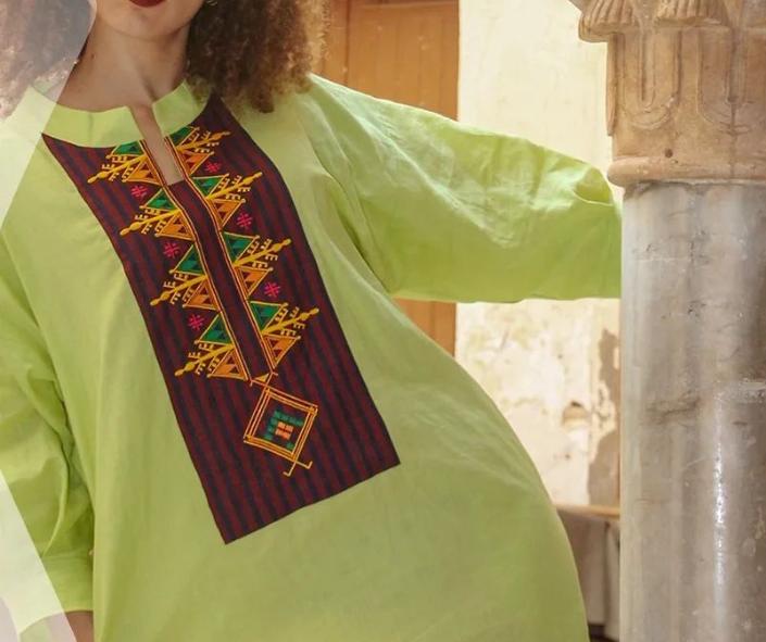 Women's traditional pistachio green jebba dress with Berber motifs